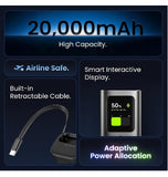 SHARGE RETRACTABLE 165 20000MAH 3-PORT FAST CHARGING POWER BANK WITH SMART DISPLAY AND BUILT-IN CABLE BLACK