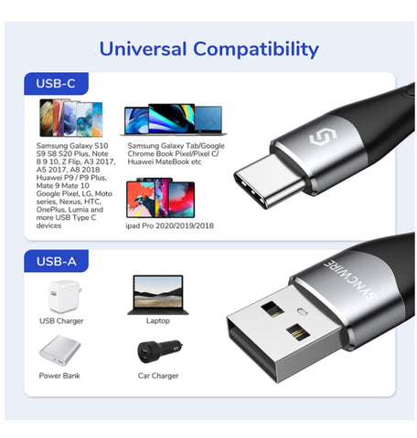 USB-C TO USB BRAIDED NYLON FAST CHARGING CABLE 2M BLACK 2PK